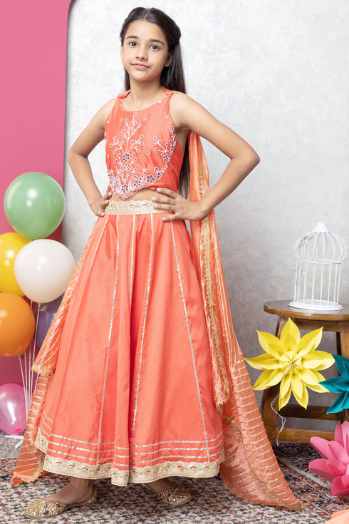 floral orange lehenga